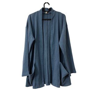 Eileen Fisher Blue Textured Knit Open Pockets Mid Length Cardigan Womens Medium